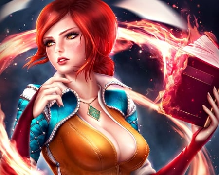 Triss Merigold - woman, redhead, fire, fantasy, book, the witcher, sorceress, yellow, game, hand, luminos, triss merigold, spell, pendant, girl, madeleineink, blue, pink, red