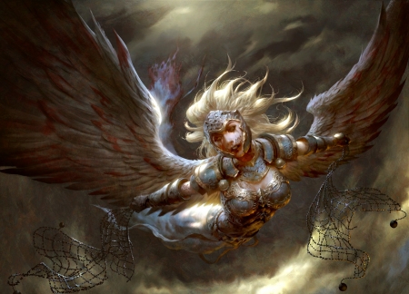 Subjugator angel - art, girl, luminos, lasahido, feather, wings, subjugator angel, fantasy