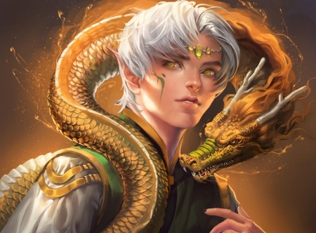 Dragon master - orange, man, sakimichan, fantasy, white, dragon, hand, green, art, luminos