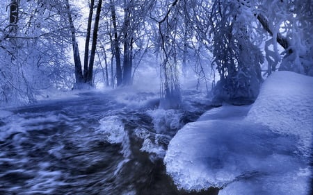 Winter Scene - river, ice, trees, frozen, winter, nature, snow, frost