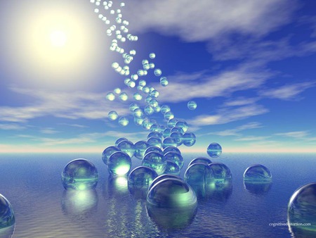 Rainning Balls - sky, ocean, sun, light, water, ball, bubble, abstract, cloud, blue, 3d