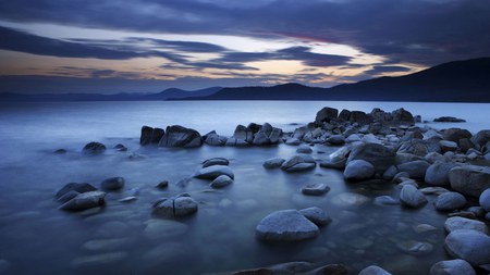 Blue Sunset  - beaches, sky, ocean, sunset, rocks, hd, nature, clouds, blue