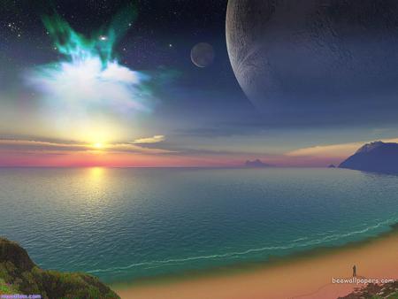 3D Landscape - sunset, nature, beach, sea, 3d, night, ocean, light