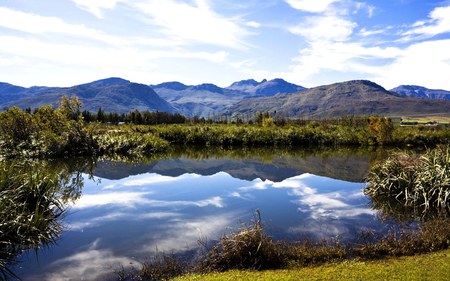 BLUE SKY REFLECTION IN LAKE - sky, lake, reflection, mountain, blue, grass