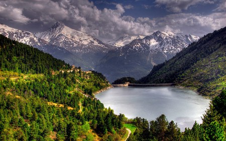 SNOW CAPPED MOUNTAIN - hills, mountain, green, reservoirs, snowy, grass