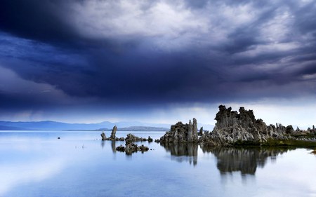 STORMY CLOUDS - stormy, rocks, water, hills, blue, lake, sky, clouds, nature