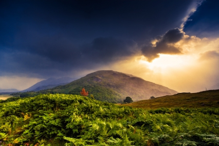 Stormy Sunset - sky, landscape, clouds, hills, sun