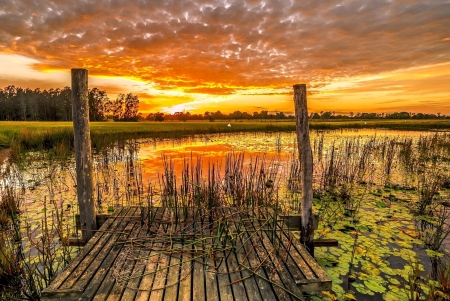 Lake Sunset - nature, lake, pier, sunset