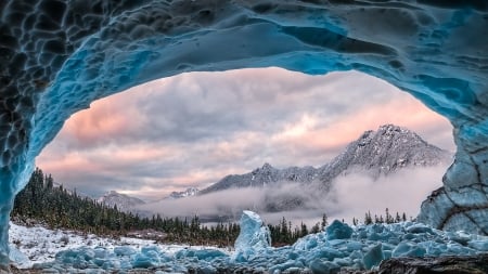 mountains beyond ice cave in winter - cave, mountains, winter, clouds, ice