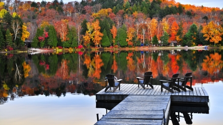 floating dock on a lake in fall - autumn, lake, reflection, forest, dock, ramp, chairs