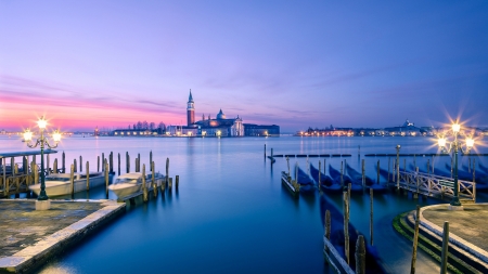 san giorgio maggiore church in venice - boats, marina, lagoon, lights, island, dusk, church