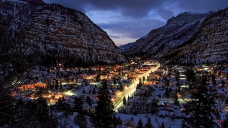 valley town on a winter eve - winter, town, lights, evening, mountains, valley