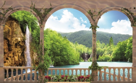 Scene from my Balcony - beauty, naturemflowers, balcony, mountain, greenery, waterfall, tuscon