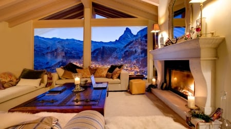 beautiful view from a swiss chalet window - view, town, window, winter, fireplace, mountains, living room