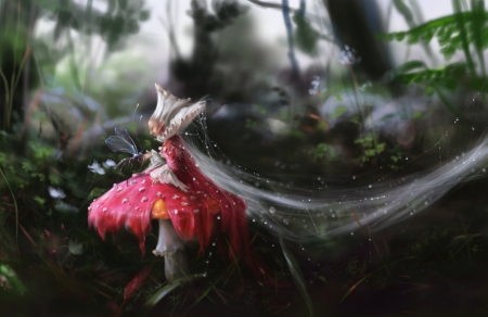 Mushroom fairy - fantasy, white, mushroom, red, girl, fairy, luminos