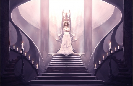 Princess - stairs, woman, princess, candle, girl, fantasy, purple, art, luminos, pink