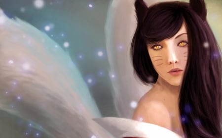 Ahri - face, game, girl, fox, blue, white, ahri, fantasy, nine tails, league of legends