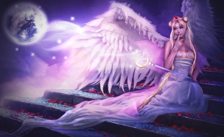 Princess Serenity - moon, anime, girl, feather, beauty, angel, sailor moon, frumusete, manga, fantasy, wings, princess serenity, art, luminos, luna