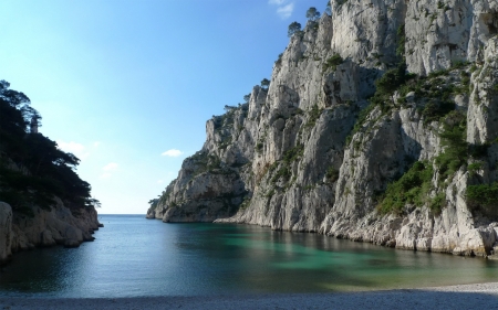 cliff in the lagoon - cliff, grass, lagoon, tree