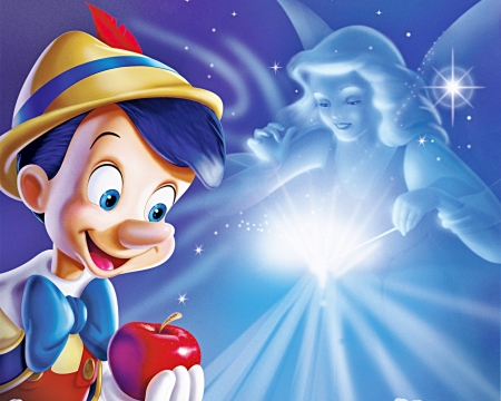 Pinocchio (1940) - animation, pinocchio, blue, white, red, movie, fairy, apple, disney