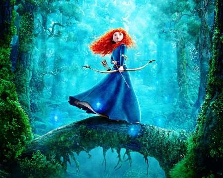 Brave (2012 film) - animation, brave, blue, merida, archder, forest, redhead, green, movie, disney