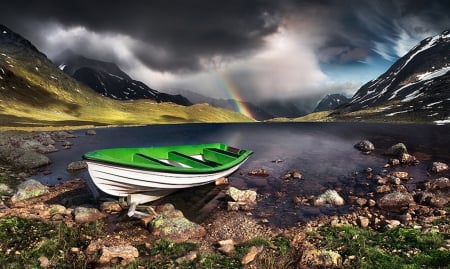 Rainbow - boat, rainbow, clouds, nature, mountains, water, lake