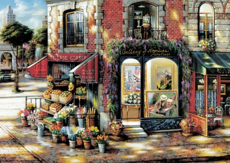 The Deli on The Corner - deli, corner, fruit, flowers, paintings, flags, shops