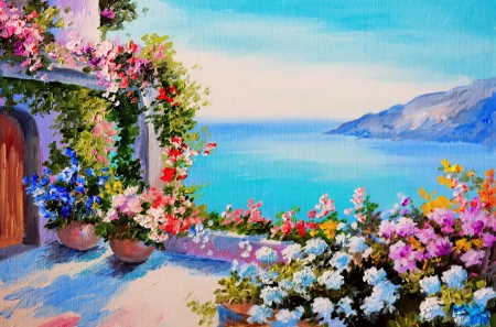 House near sea - house, summer, coast, beautiful, landscape, sea, flowers, view, painting, art, sky, pol