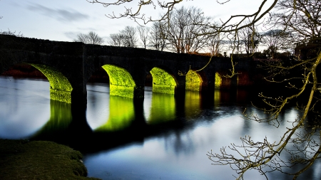 old green arched bridge - river, trees, arches, green, bridge