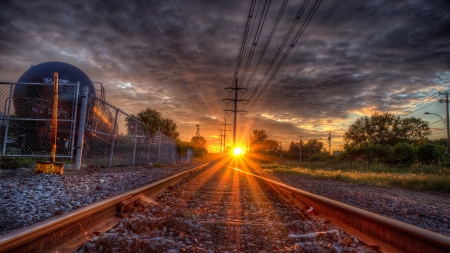 awesome sunset over train tracks hdr - train, tanker, lines, tracks, beams, sunset, hdr, pen