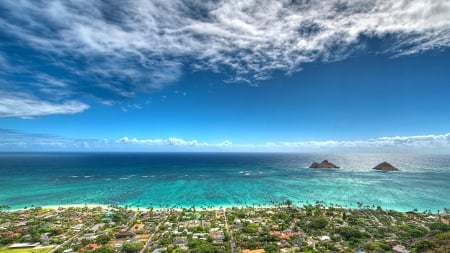 panorama of an hawaiian seaside town hdr - islands, clouds, town, beach, panorama, hdr, sea