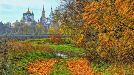 beautiful churches in bucolic russia hdr - autumn, puddle, trees, churches, tracks, hdr