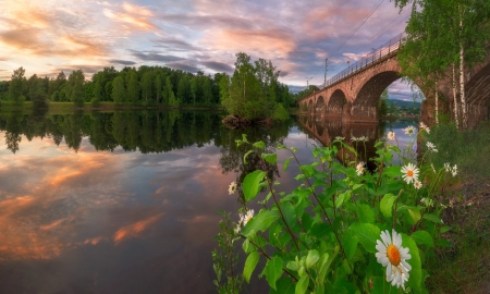 â™¥ - greenery, sky, bridge, river