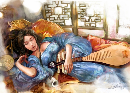 Sleeping beauty - instrument, girl, sleep, blue, art, fantasy, orange, asian, luminos, woman