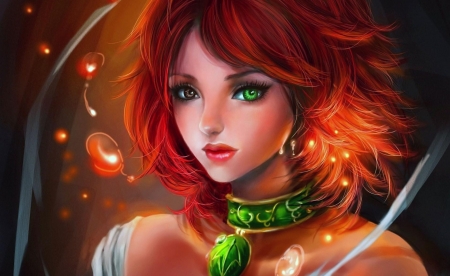 Redhead - face, girl, redhead, art, fantasy, orange, pendant, luminos, green