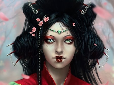 Geisha - geisha, girl, flower, pink, black, fantasy, red, woman, face, art, asian, luminos