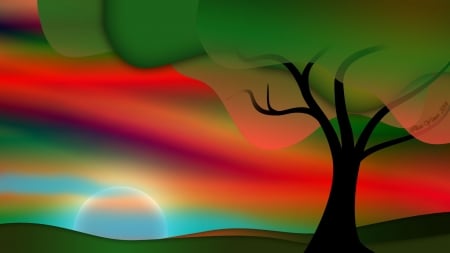 Sunrise - morning, vector, luminos, red, green, tree, texture, sunrise