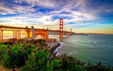 Golden Gate bridge - sky, golden gate, coast, beautiful, bridge, america, shore