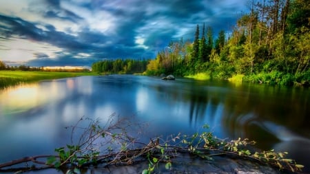 Blissful River - calm, clouds, river, Firefox Persona theme, summer, stream, reflection, sky