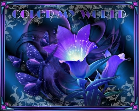 COLOR MY WORLD - white, flowers, blue, butterflies