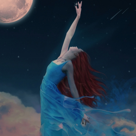 REACH FOR THE STARS - moon, sky, stars, female, hair, night, clouds, red, blue, dress