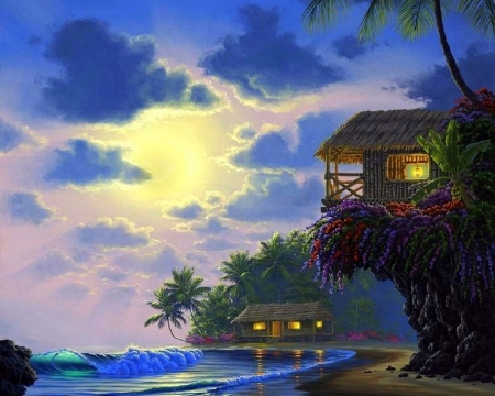 Cottage Paradise - beaches, attractions in dreams, seaside, sky, cove, paradise, summer, tropical, cottages, nature, shack, love four seasons, clouds, sunsets, paintings, sea