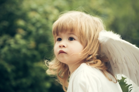 Angel - wing, green, girl, blonde, angel, feather, copil, child