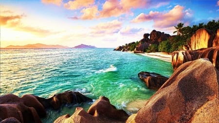 La Digue Island, Seychelles - clouds, palms, sunset, sea, rocks, sky