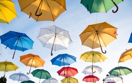 Umbrellas - gree, white, yellow, blue, red, artwork, colors, sky