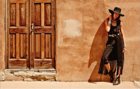 Cowgirl Street.. - women, fun, female, boots, hats, fashion, models, brunettes, western, girls, cowgirl, style, outdoors, building