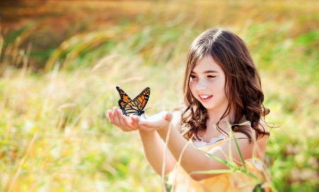 Cute Girl - summer, smile, butterfly, meadow