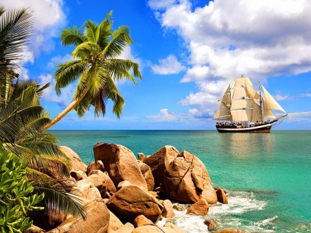 Seychelles Coastline - sailship, sea, rocks, indian Ocean, palmtree