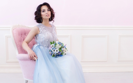 Beauty - bouqet, bride, blue, dress, girl, beauty, flower, pink, chair, woman, model