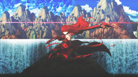 Red Girl - anime, magic, girl, sea, hair, red hair, red, power, sky